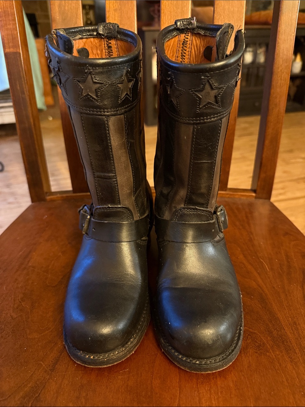 Frye patriotic black and brown flag harness/biker style boots.